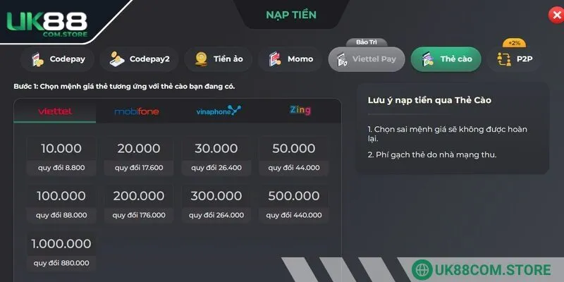 Có thể hoàn tất việc nạp tiền UK88 bằng thẻ cào nhanh chóng